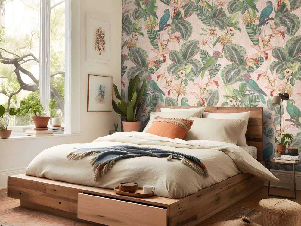 Ptaki i papugi tropikalnej dżungli - delikatny róż