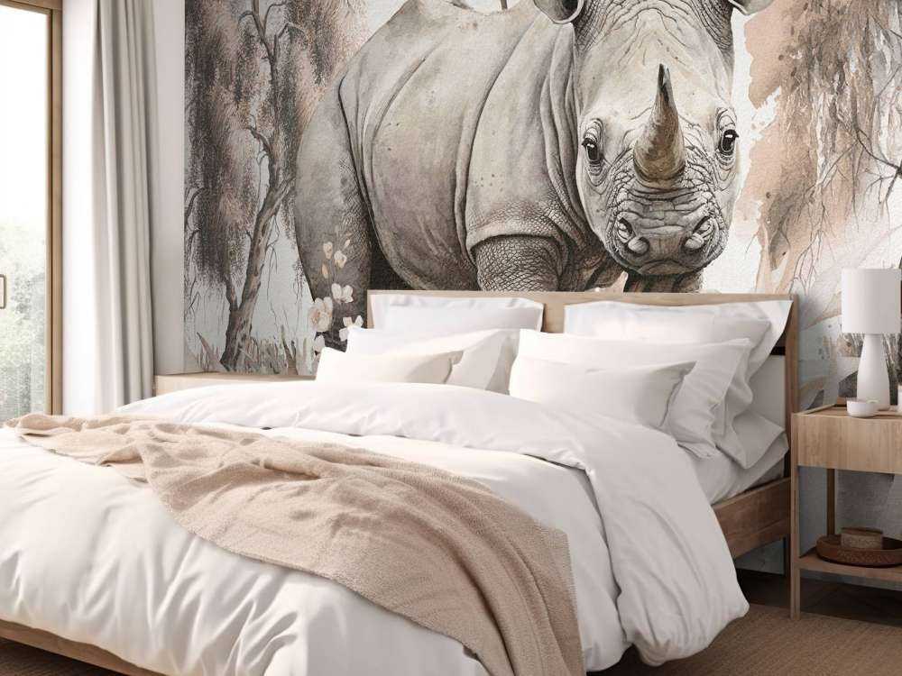 Mały nosorożec na sawannie w kolorze beżowym