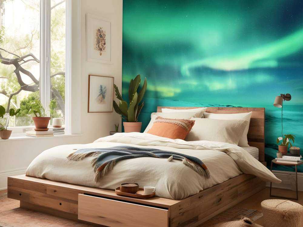 Zielone światła północne nad zaśnieżonymi skałami