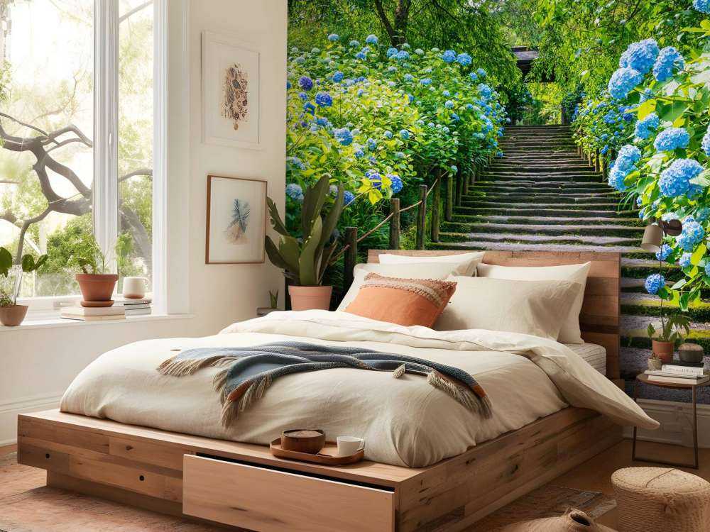 Schody między hortensjami