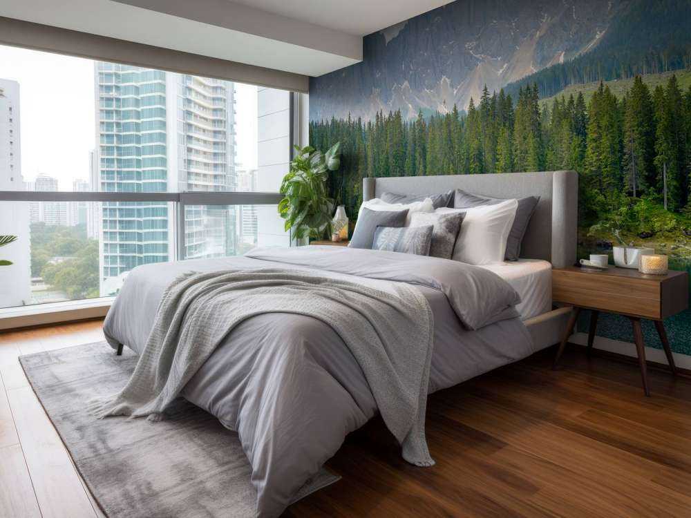 Rząd drzew w pobliżu górskiego jeziora