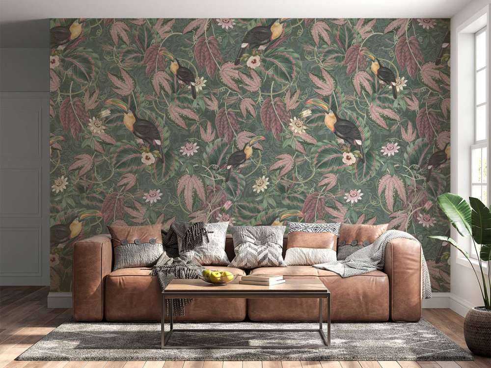 Ptaki i tukany z tropikalnej dżungli - ciemnozielony