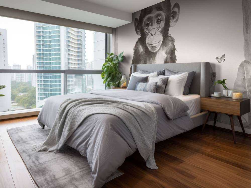 Mały szympans w beżowej dżungli