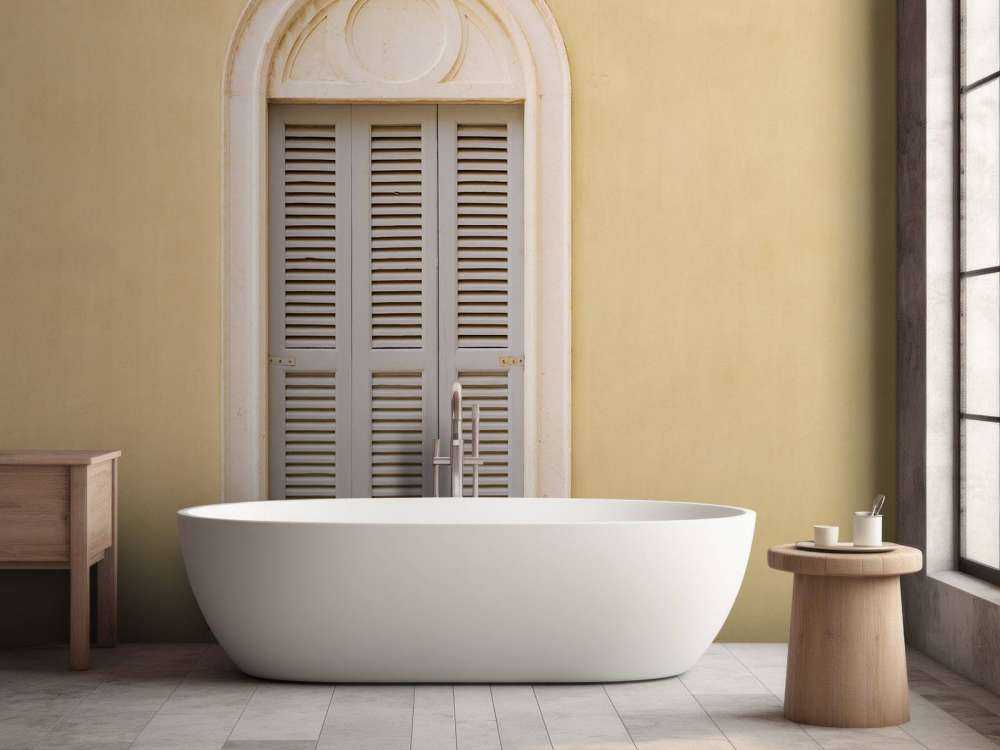 Okno z drewnianymi okiennicami na żółtej ścianie