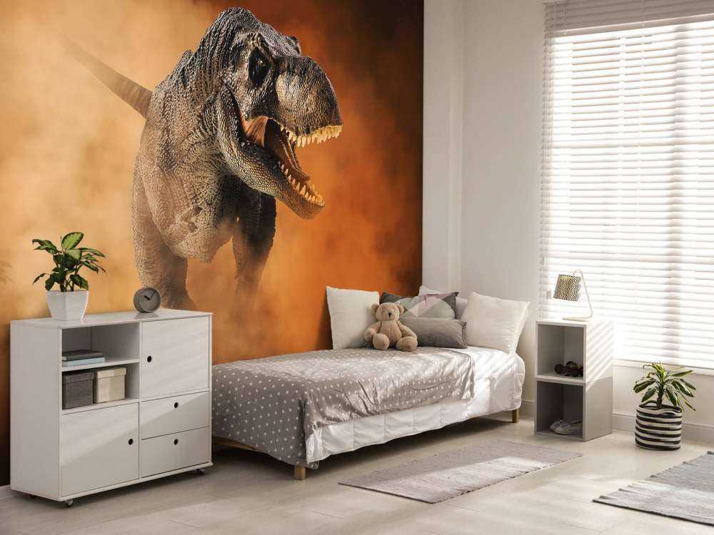 Tyranozaur idący przez dym