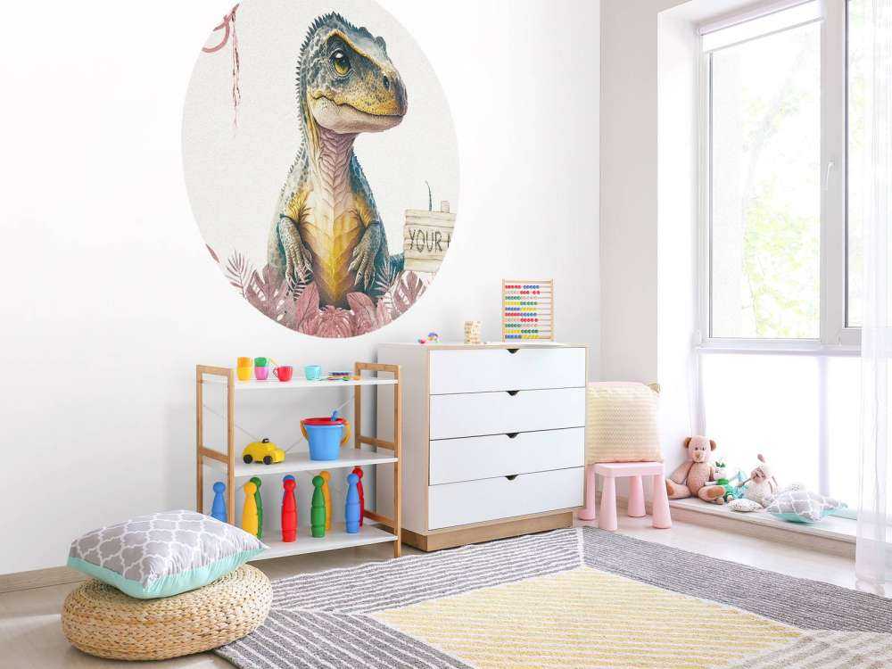 Młody t-rex w różowej dżungli