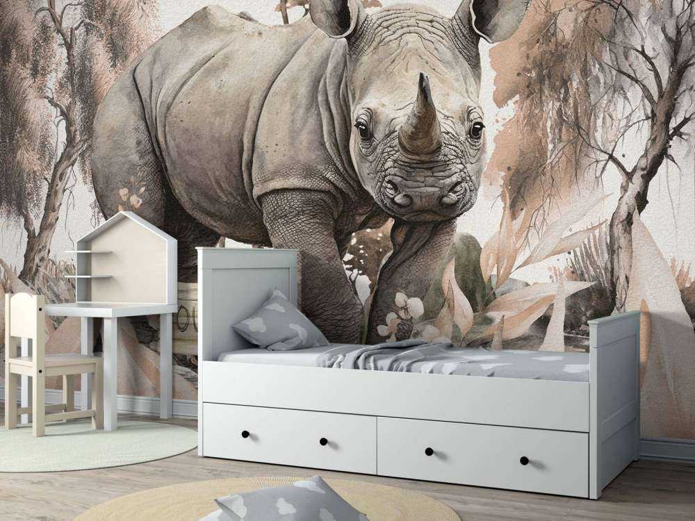 Mały nosorożec na sawannie w kolorze beżowym