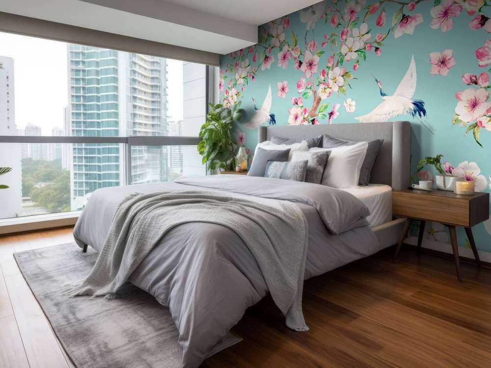 Żurawie pomiędzy różowymi kwiatami