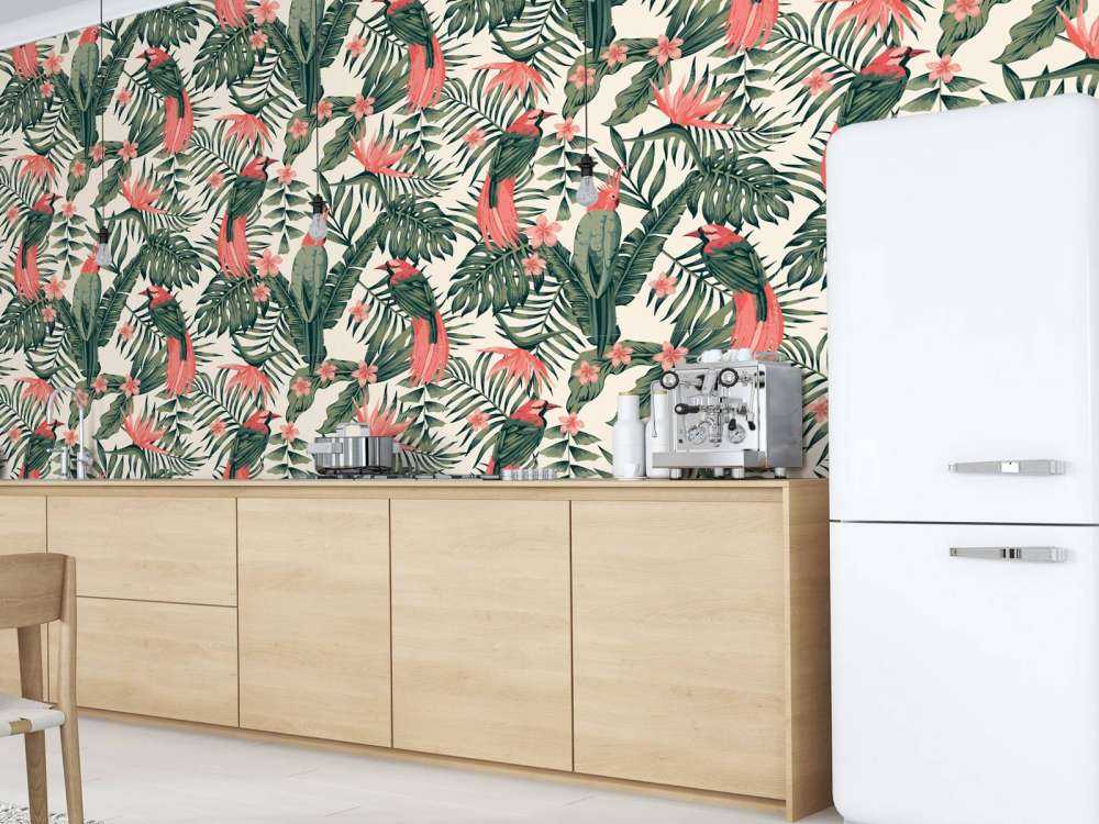 Rośliny tropikalne, kwiaty i ptaki