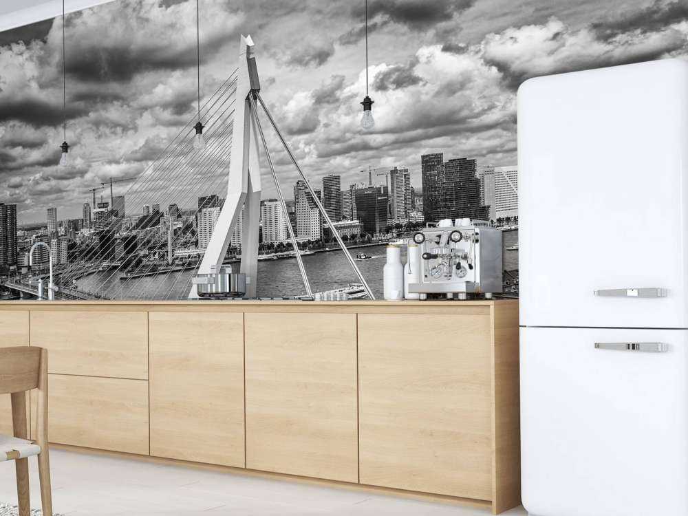 Centrum Rotterdamu z dużej wysokości w czerni i bieli 