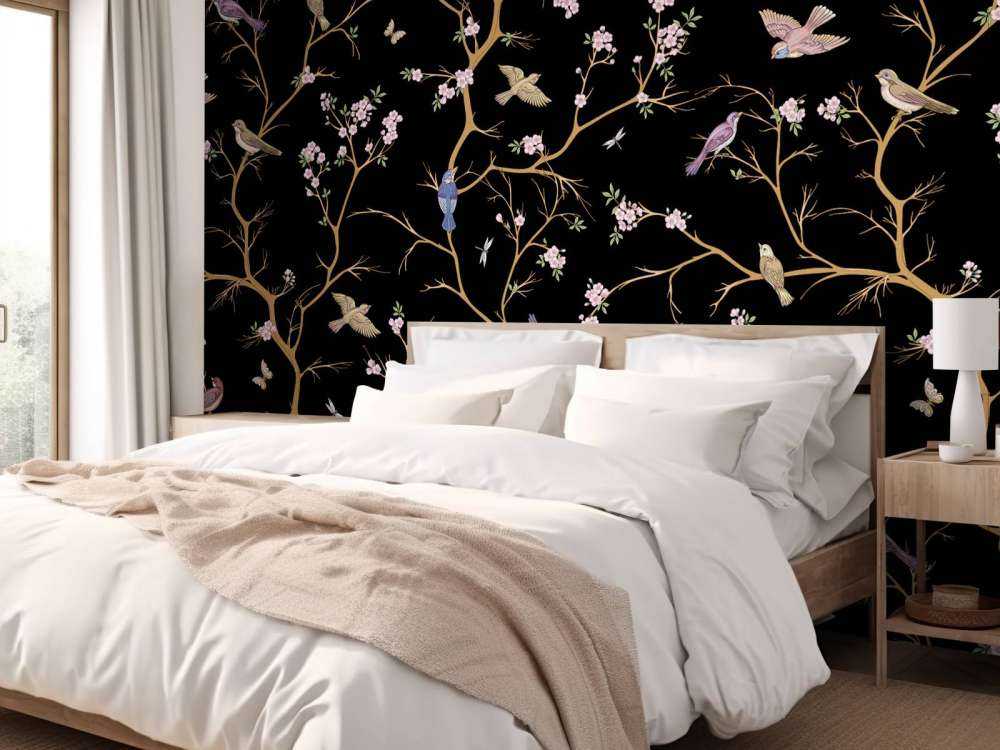 Kwitnące gałęzie z ptakami