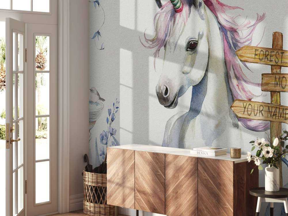 Mały jednorożec z roślinami niebieski