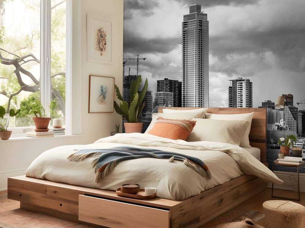 Skyline Rotterdamu (Westerkade) z Katendrecht (czarno-biały) 