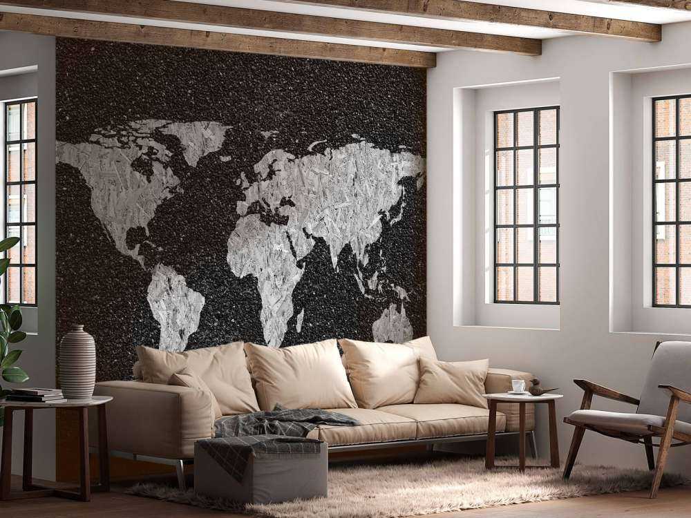 Biała mapa świata na czarnym tle