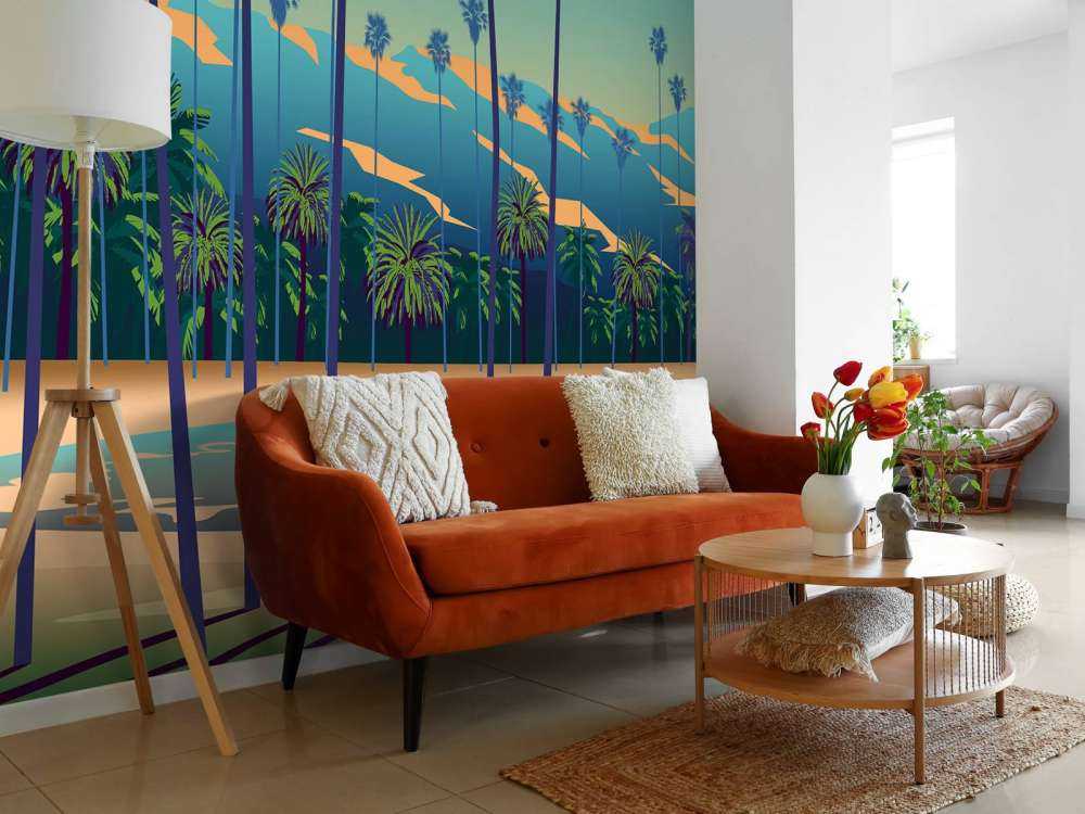 Narysowane jezioro z palmami