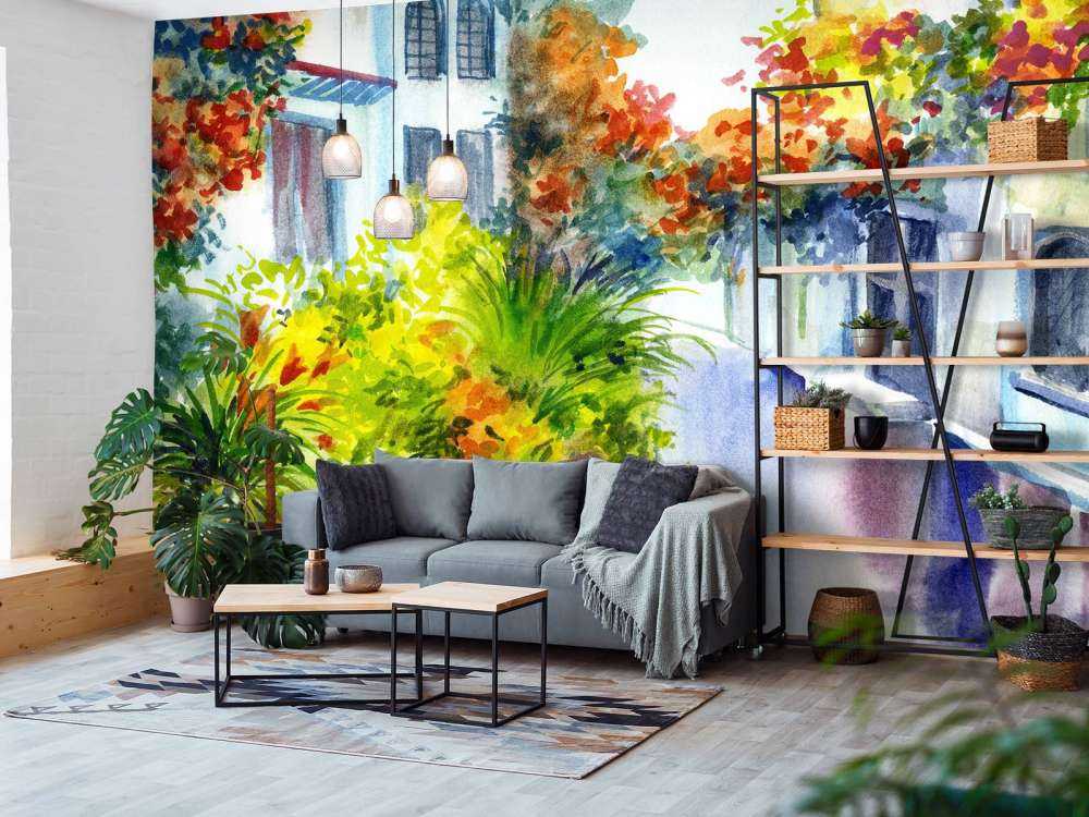 Akwarelowe kwiaty i budynki