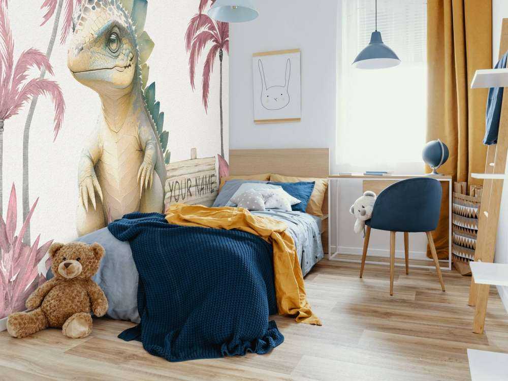 Młody stegozaur w różowej dżungli