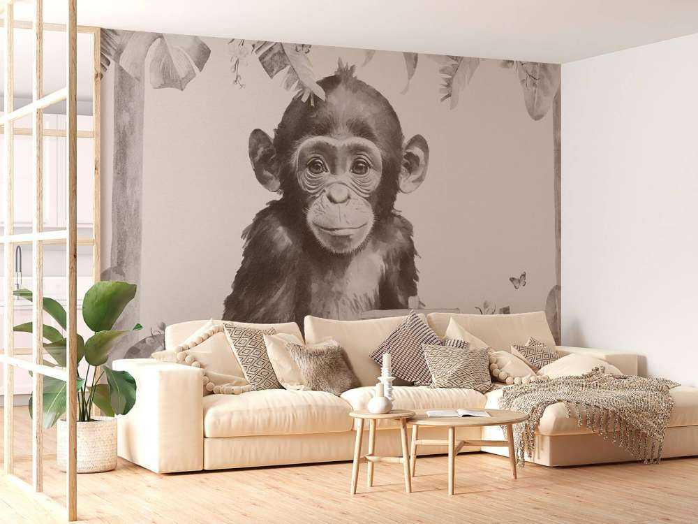 Mały szympans w beżowej dżungli