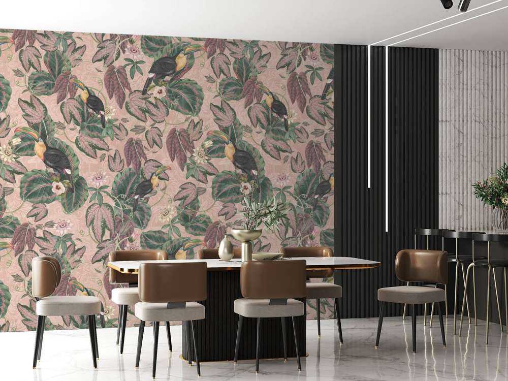 Ptaki i tukany z tropikalnej dżungli - różowy