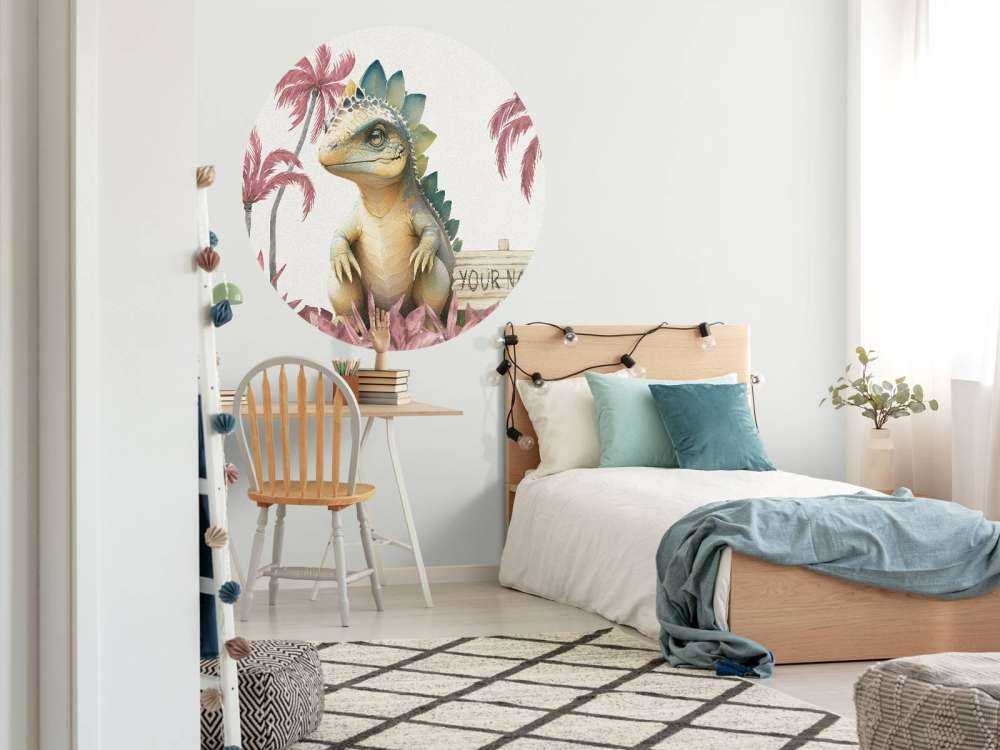 Młody stegozaur w różowej dżungli