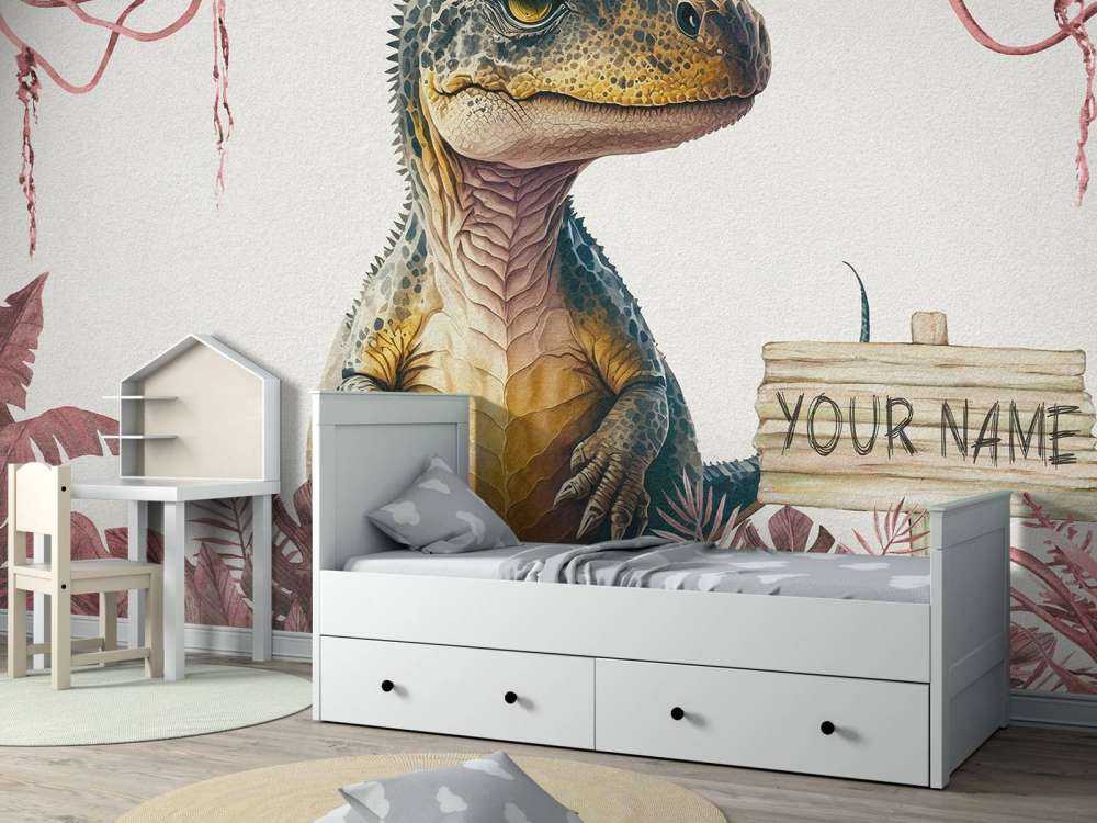 Młody t-rex w różowej dżungli