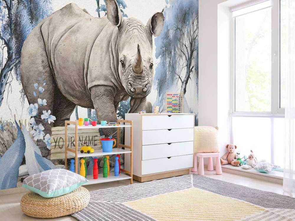 Mały nosorożec na sawannie w kolorze niebieskim