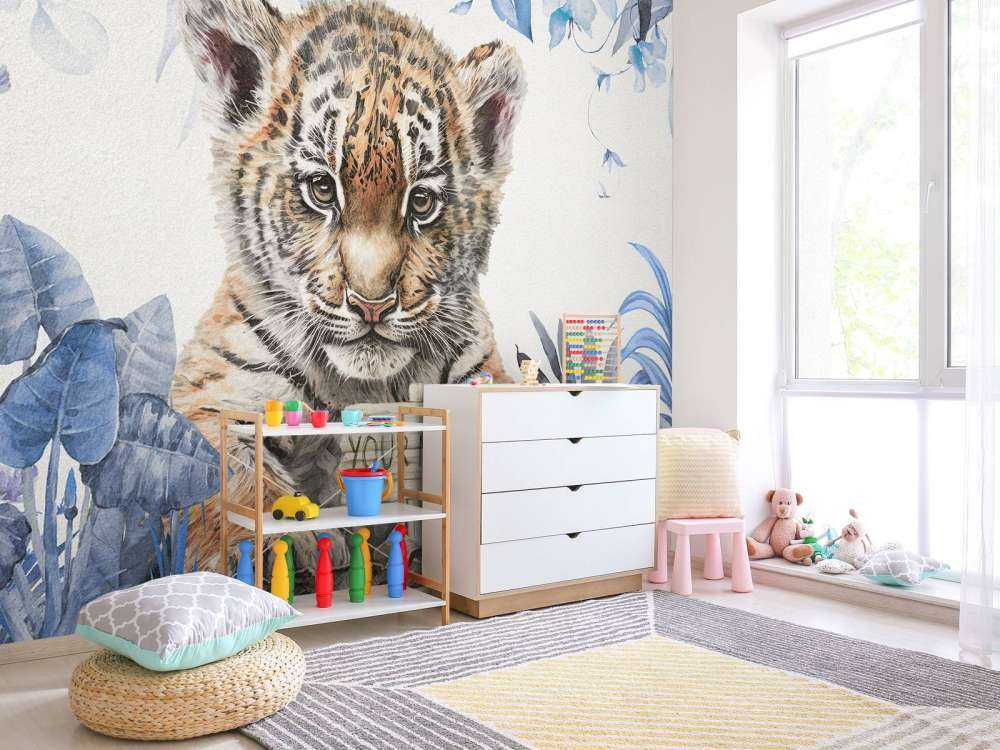 Śliczny tygrys z roślinami w kolorze niebieski