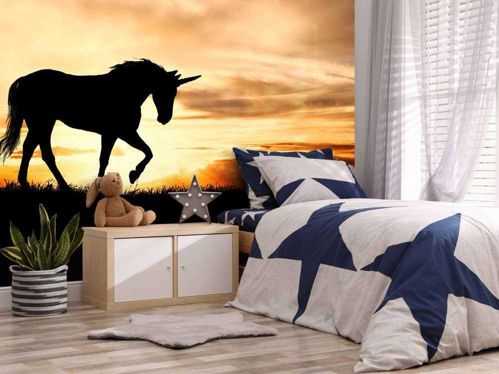 Sylwetka jednorożca przy zachodzie słońca