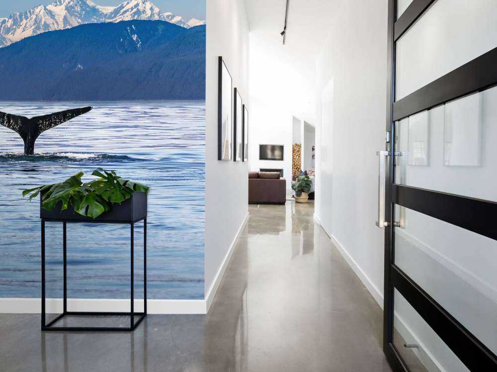 Nurkowanie wieloryba z górami w tle