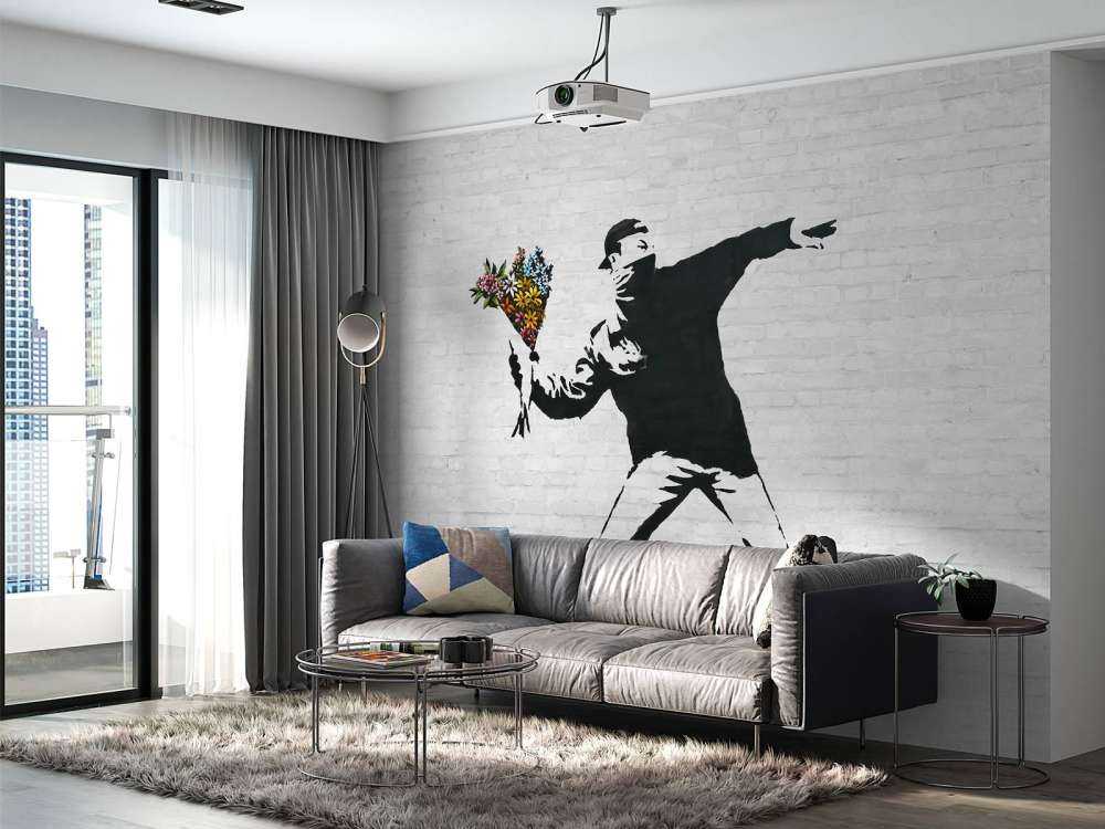 Banksy - Flower thrower, white bricks