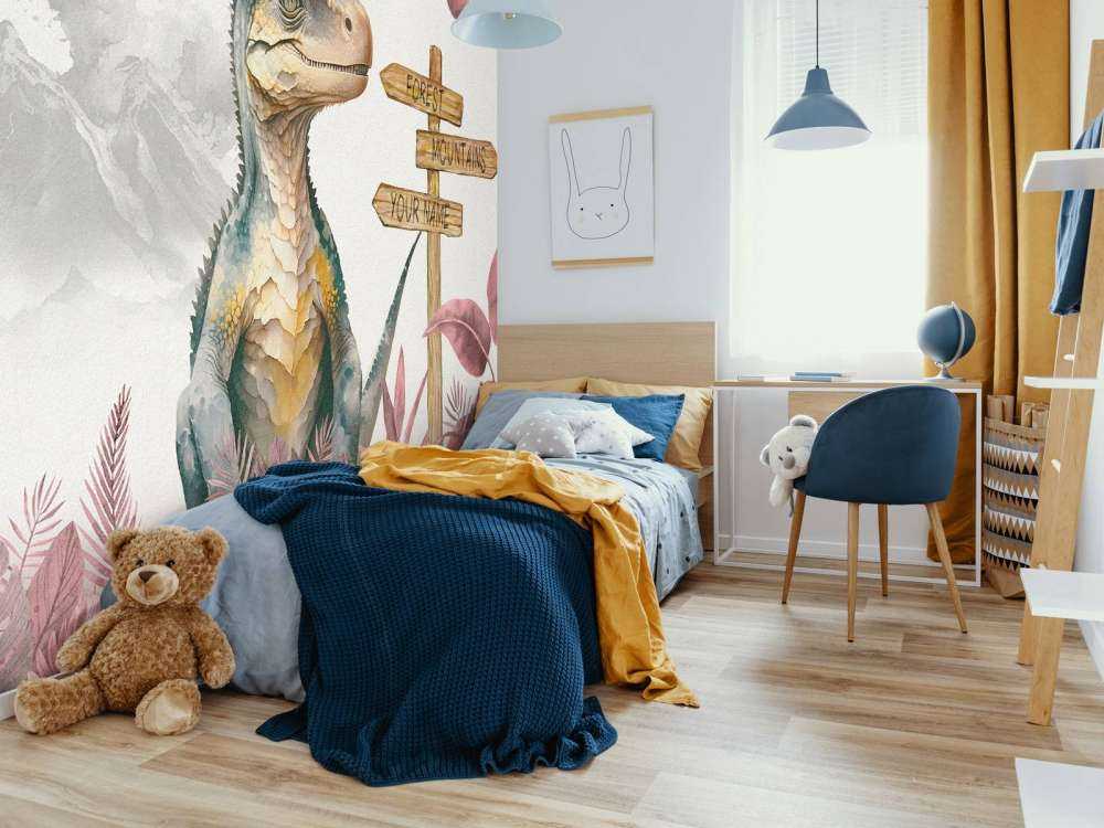 Młody velociraptor w różowej dżungli