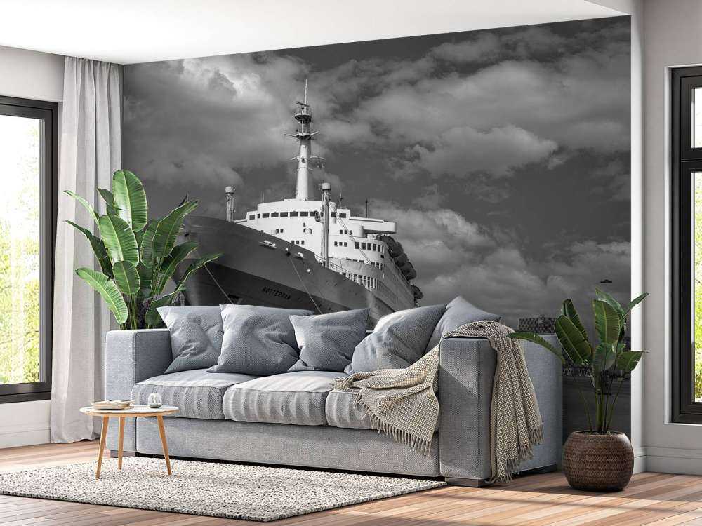Dawny parowiec SS Rotterdam w czerni i bieli  