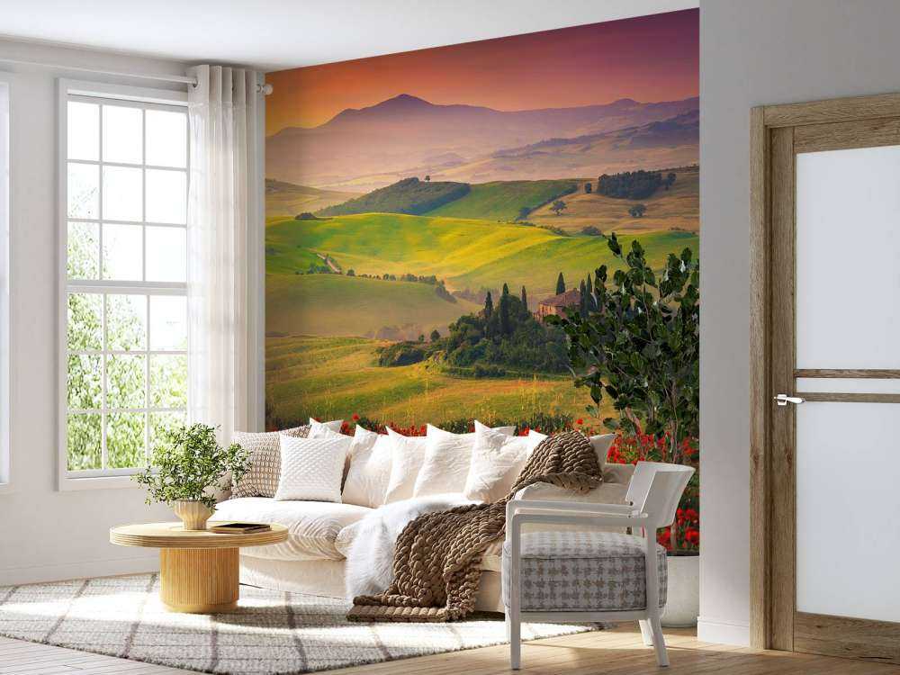 Czerwone maki z włoskim krajobrazem