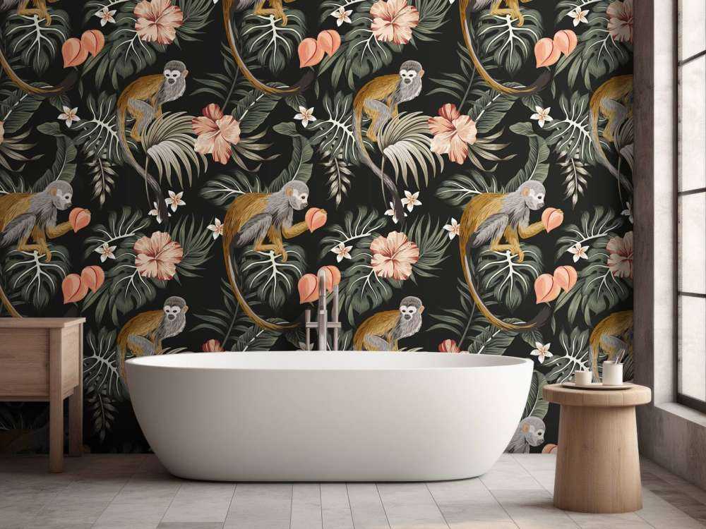 Liście tropikalne z małpami