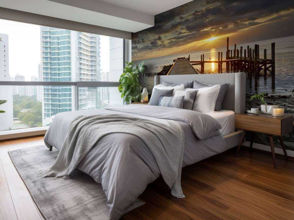 Drewniane molo na tle wschodu słońca