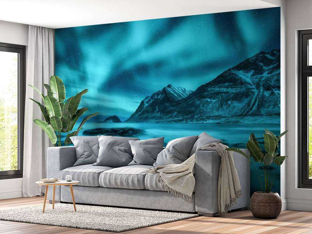 Niebieskie światła północy z górami