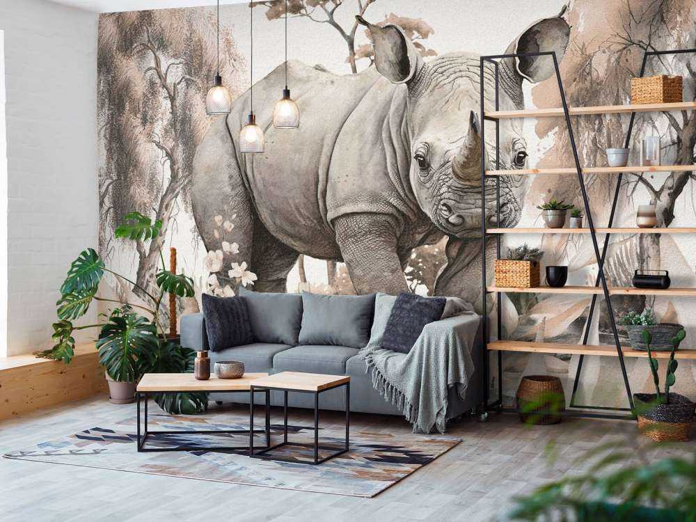 Mały nosorożec na sawannie w kolorze beżowym