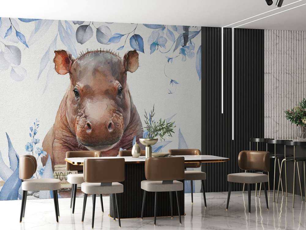 Mały hipopotam w liściach w kolorze niebieskim