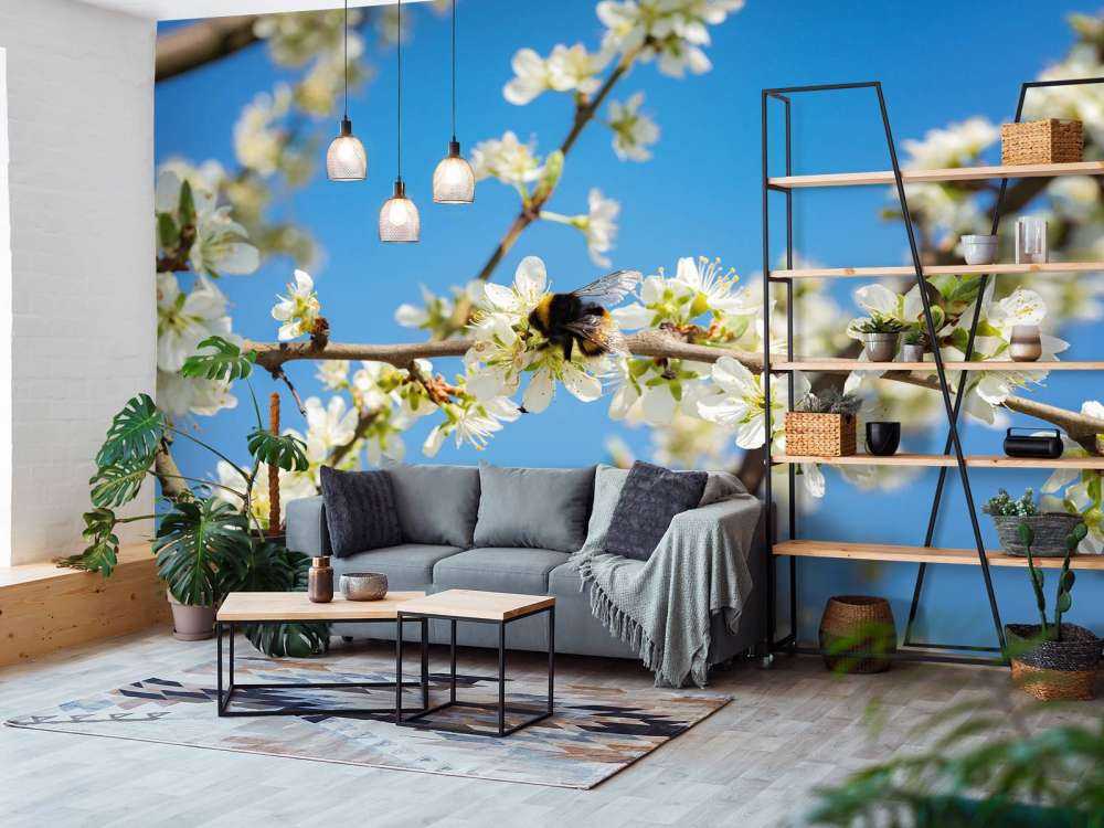 Trzmiel z białymi kwiatami