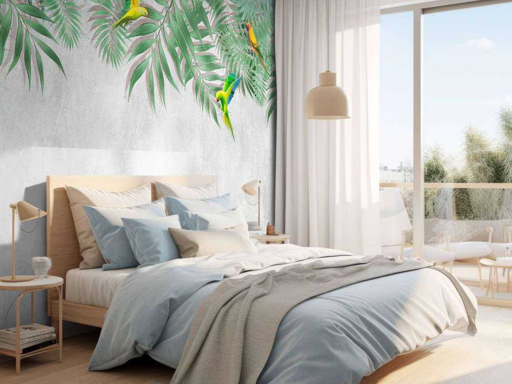 Tropikalne liście i papużki nierozłączki