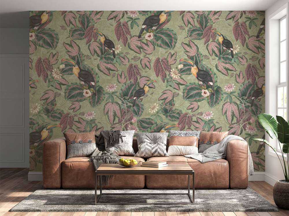 Tropikalne ptaki i tukany z dżungli - szałwiowy zielony