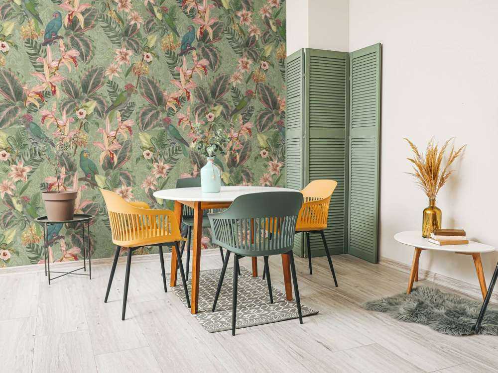 Ptaki i papugi tropikalnej dżungli - szałwiowa zieleń