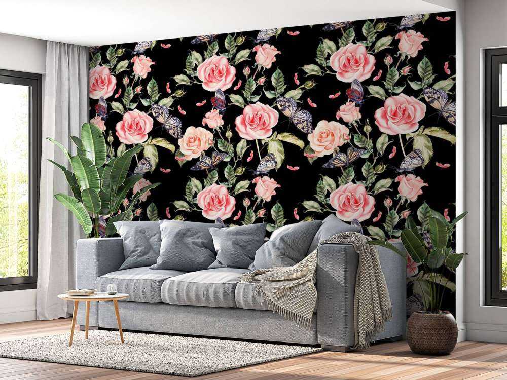 Kwiaty i motyle w akwareli.