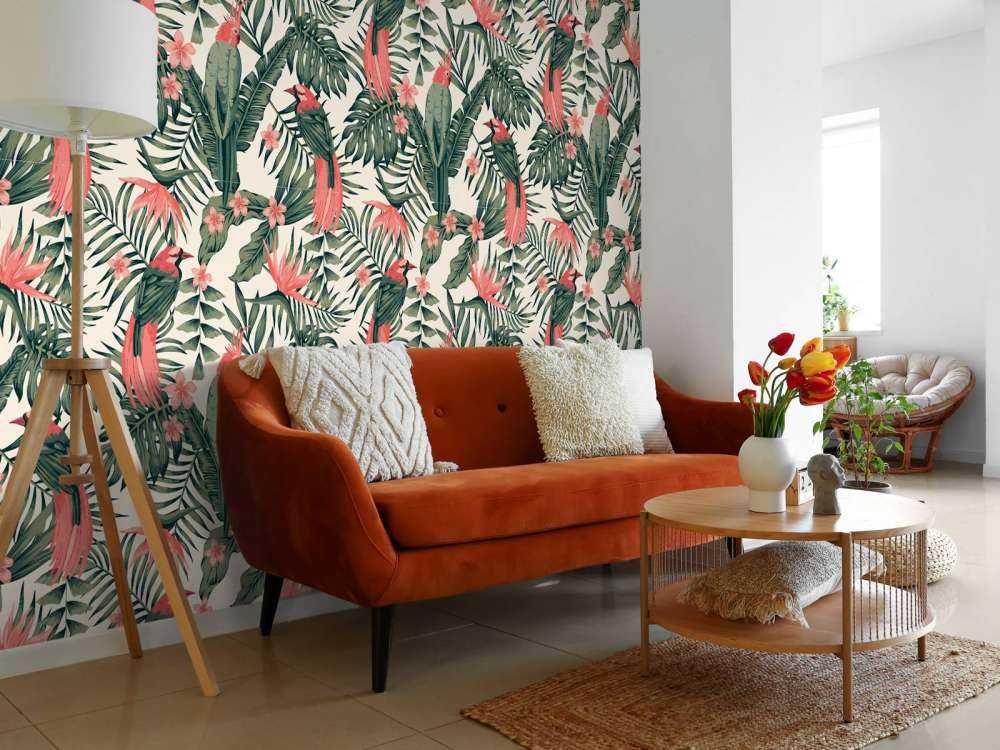 Rośliny tropikalne, kwiaty i ptaki