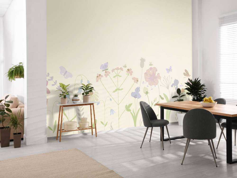 Pole kwiatów z motylami beżowy, stary różowy, zielony i liliowy