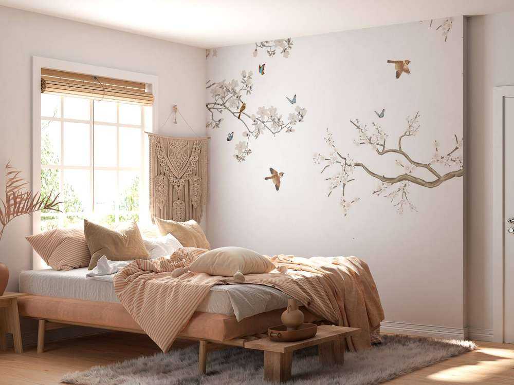 Kwitnące gałęzie i ptaki