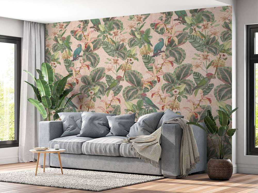 Ptaki i papugi tropikalnej dżungli - delikatny róż