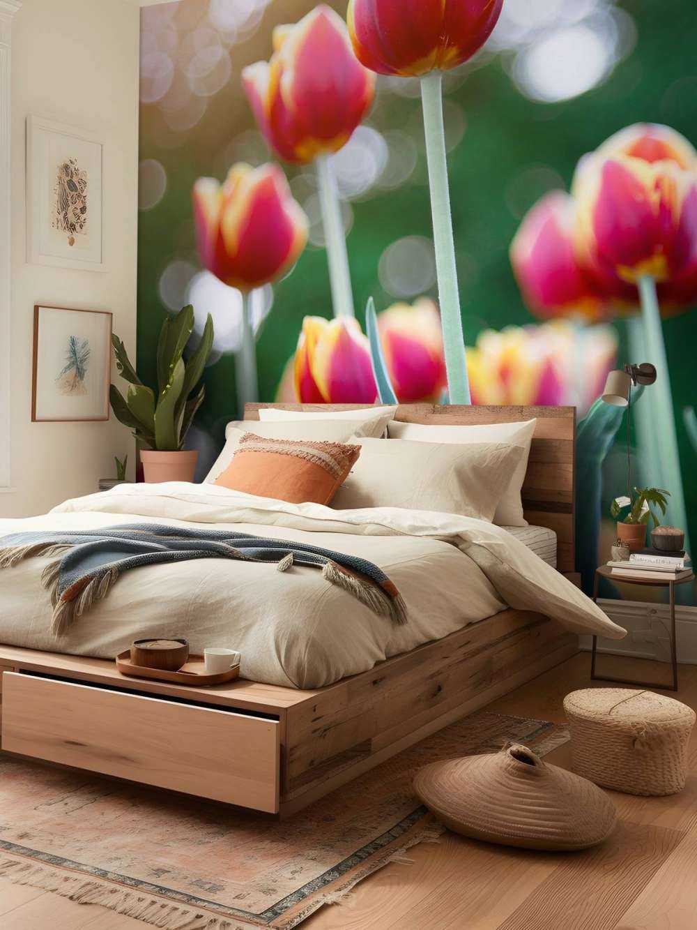 Czerwony z żółtymi tulipanami