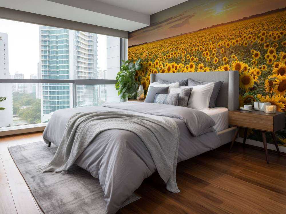 Pole słonecznika z zachodem słońca