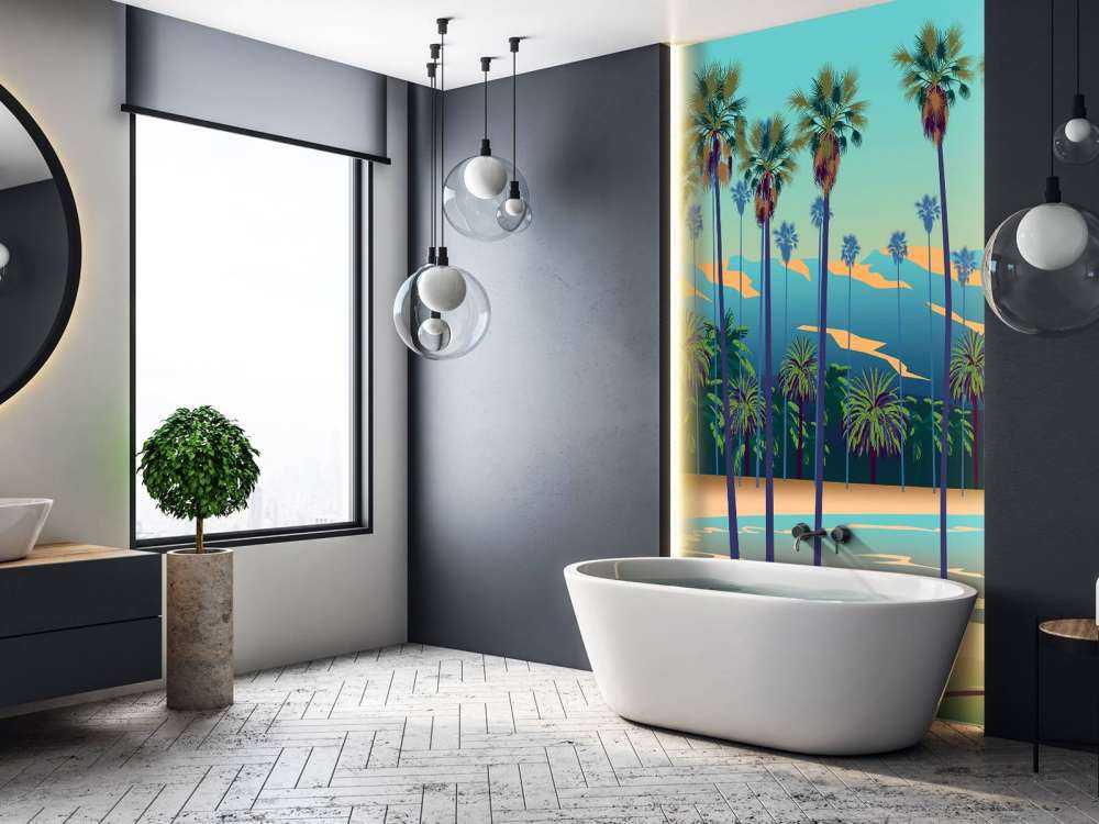 Narysowane jezioro z palmami